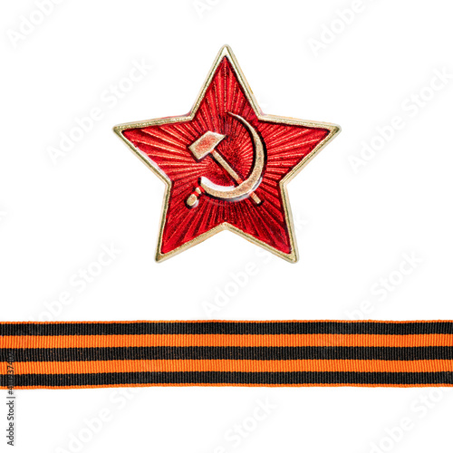 Victory Day. 9 May. Set isolated design elements, symbol of great patriotic war on white background. Soviet red star, ribbon.