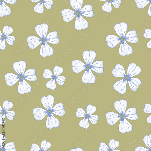 Seamless vector pattern with regular white flowers on a beige background. Good print for ceramic tile  wallpaper  packaging design  wrapping paper