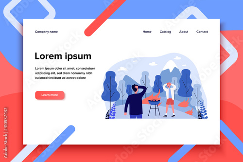 People causing forest fire. Scared men holding picnic among flame flat vector illustration. Danger, disaster, wildfire, ecology concept for banner, website design or landing web page