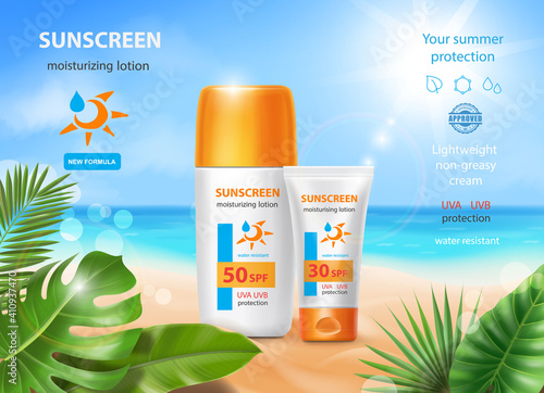 Sunscreen tube product on tropical summer beach background. Cosmetic bottles with sun protection cosmetic products with palm leaves