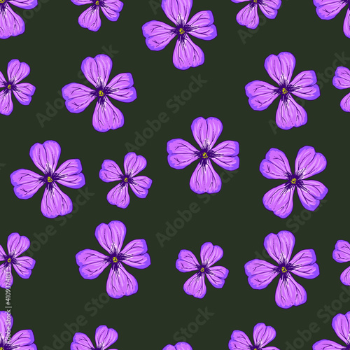 Seamless vector pattern with regular purple flowers on deep green background. Good print for ceramic tile  wallpaper  packaging design  wrapping paper