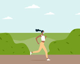 Black woman in facemask running or jogging through park in spring time. Healthy active lifestyle. New reality. Spring outdoor sport activity, fresh air .Colorful modern vector illustration flat style.