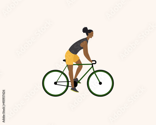 Black woman riding a bike wearing sportswear on isolated white background. Healthy active lifestyle. Modern vector illustration in cartoon flat style