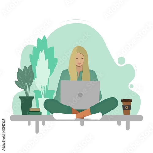 Girl freelancer , Freelance worker People working on laptops and computers from home, comfortable freelance workplace, Blew Vector illustration Comfortable isolation, Young woman freelancer
