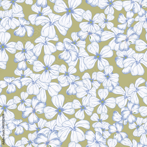 Seamless vector pattern with white flowers, leaves, and branches on a beige background. Good print for ceramic tile, wallpaper, packaging design, wrapping paper