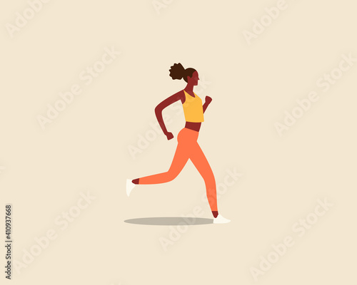 Black woman running dressed in sportswear isolated background. Healthy active lifestyle. Colorful modern vector illustration in cartoon flat style.