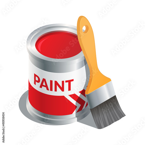 Isometric vector illustration open red paint bucket and brush isolated on white background. Realistic paint can and brush icon in flat cartoon style. Tin bucket with red paint for renovation.