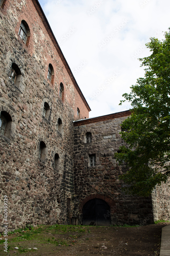 The walls of medieval Vyborg castle with Olav tower in Leningrad region Russia