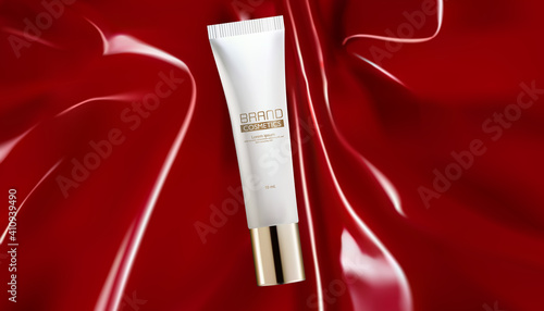 Cosmetic ads template, Cosmetic bottle with Red Latex Background . Realistic vector illustration .