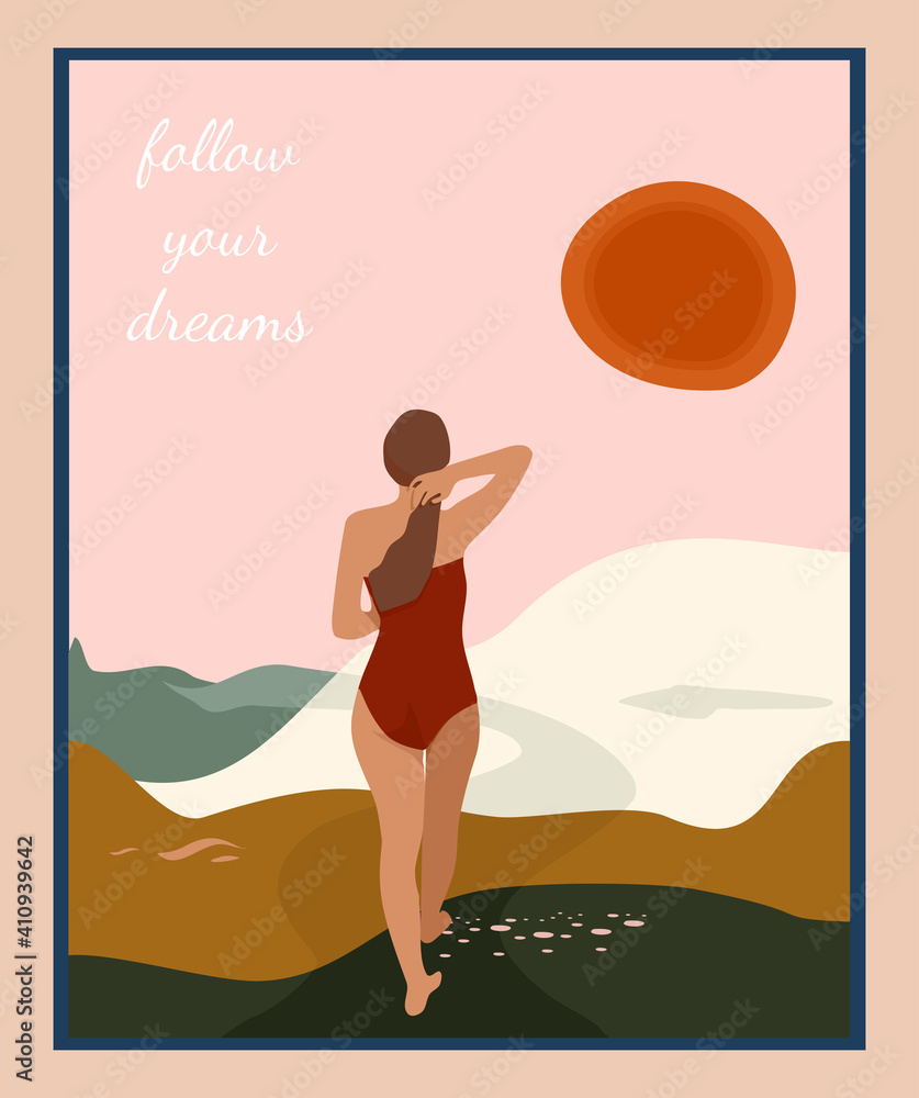 Minimalist woman silhouette on retro summer background.Mid century style poster.Female in swimsuit is following her dreams.Abstract landscape with mountains and sun.Contemporary illustration.Vector