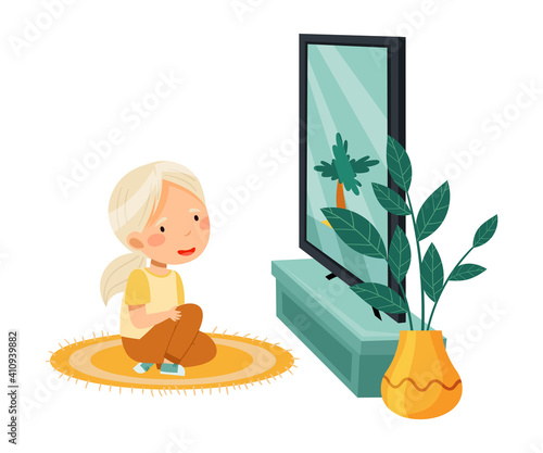 Little Girl Sitting on the Floor Watching Cartoon Film on TV Vector Illustration