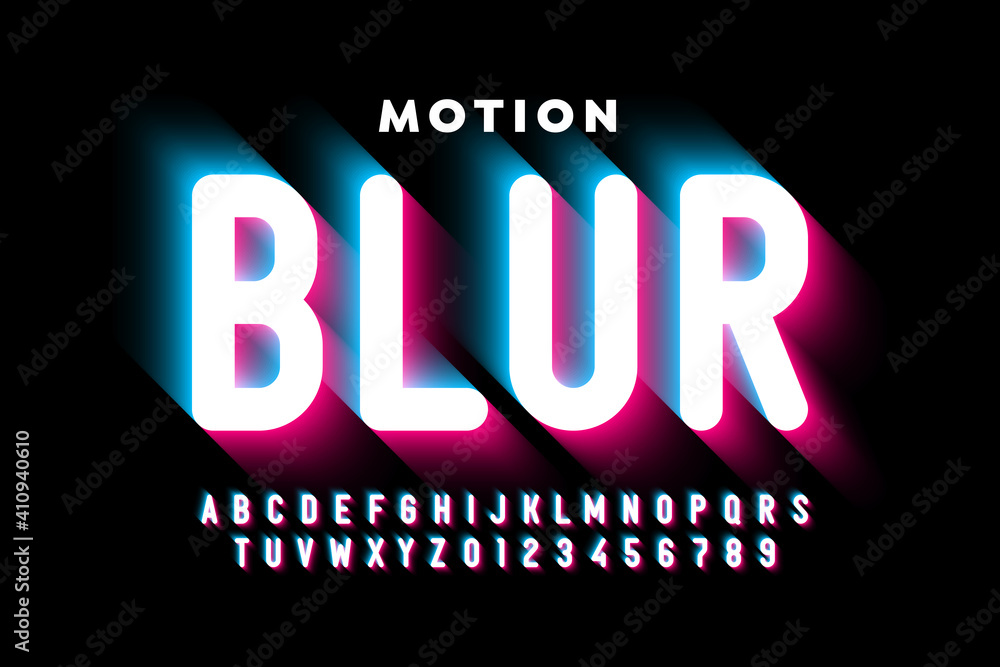 Motion blur style font design, alphabet letters and numbers