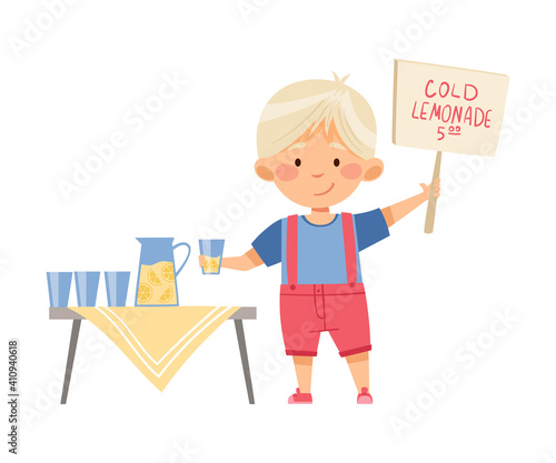 Blonde Boy Character Selling Cold Lemonade Vector Illustration