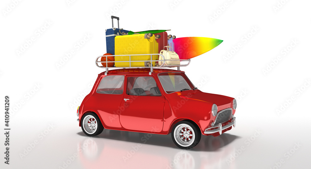 3d roter kleiner Pkw, Auto mit Dachgepäckträger und Koffer, freigestellt  Illustration Stock