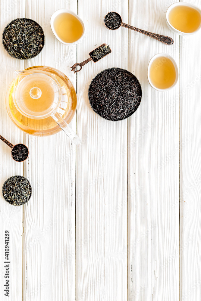 Asian tea ceremony with cups and teapot, top view Asian tea ceremony with cups and teapot, top view