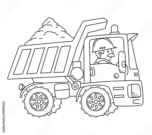 Construction worker in a dump truck. Coloring book