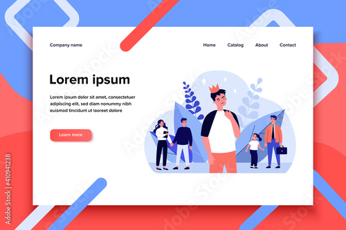 Proud man wearing crown. Arrogant, selfish, unpleasant person flat vector illustration. Communication problems, ego concept for banner, website design or landing web page