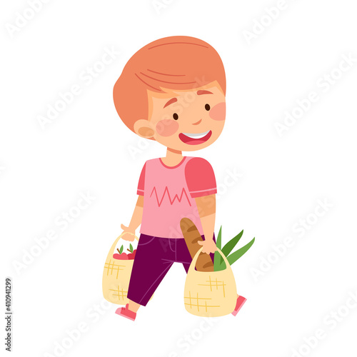 Helpful Boy Carrying Shopping Bags Full with Food Vector Illustration