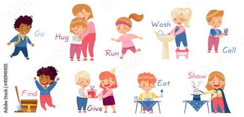 Funny Kids Engaged in Different Activities Demonstrating Verb Vector Set