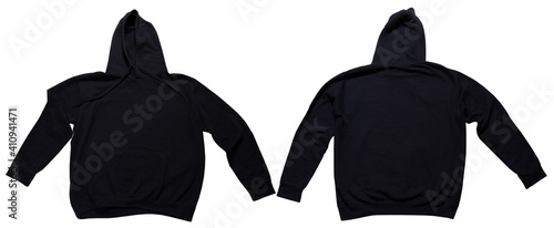 Black hoodie mock up set front and back view. Hoody isolated on wgite background, sweatshirt mock up. Hoodie mockup isolated over white photo