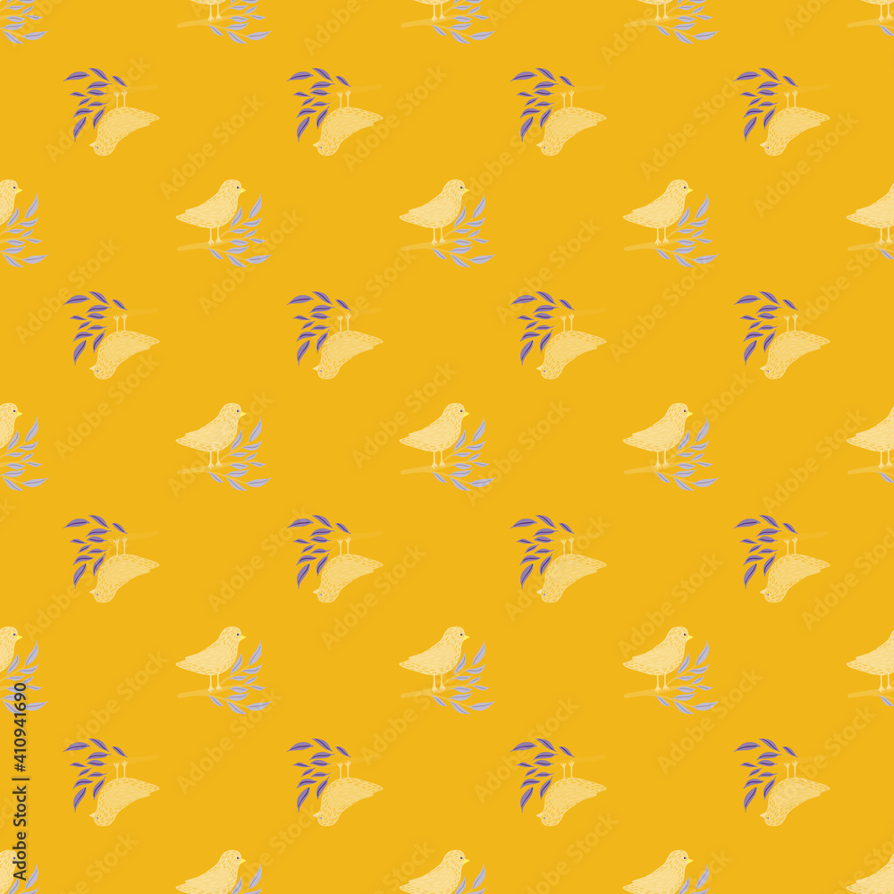 Cartoon kids cute seamless pattern with simple bird on branches print. Yellow bright background. Cartoon kids cute seamless pattern with simple bird on branches print. Yellow bright background.