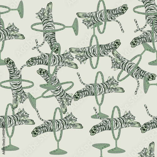 Hand drawn zoo exotic seamless pattern with grey jumping across ring tiger print. Light pastel background.