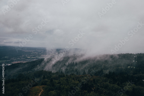 forest evaporates water. It is cold because it consumes solar energy to evaporate water. Rainy weather over the Jizera Mountains near Liberec