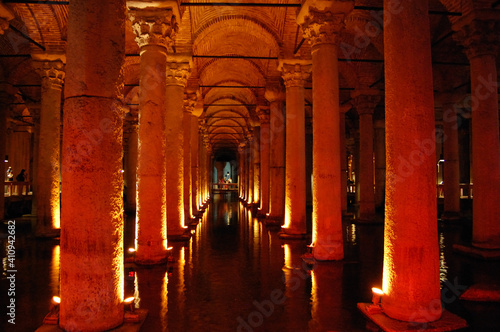 View of the main places and monuments of Istanbul, in Turkey. Ancient Roman water cisterns. Illuminated columns photo