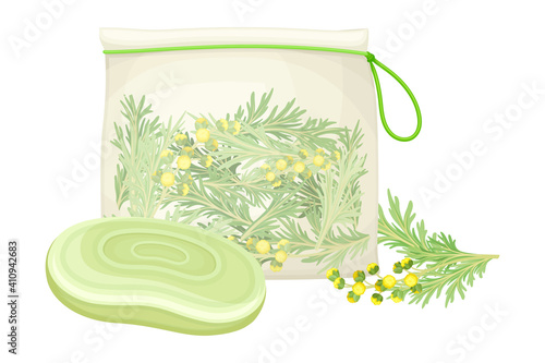 Pouch with Fresh Wormwood or Southernwood Plant and Soap Bar Rested Nearby Vector Composition