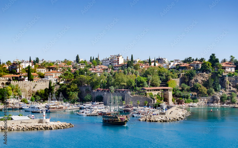 incredibly beautiful view of Antalya on yachts and the coast