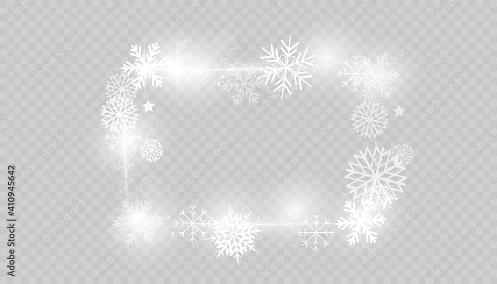 Fototapeta premium Rectangular winter snow frame border with stars, sparkles and snowflakes on transparent background. Festive christmas banner, new year greeting card, postcard or invitation vector illustration