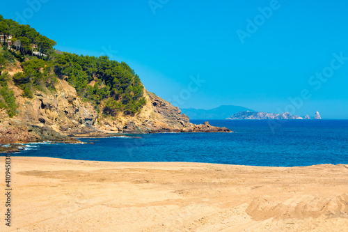 View of the Melas illas from the beach of Sa Riera, Costa Brava, Catalonia, Spain