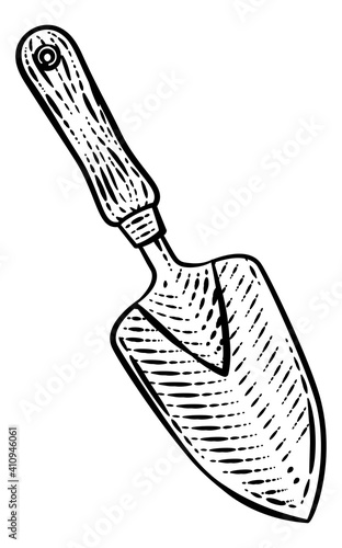 Garden trowel spade gardening tool illustration in a vintage retro woodcut style