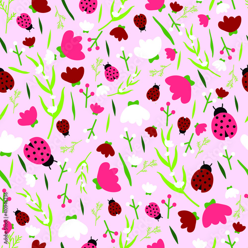 Garden background ladybugs, flowers and leaves patter designer