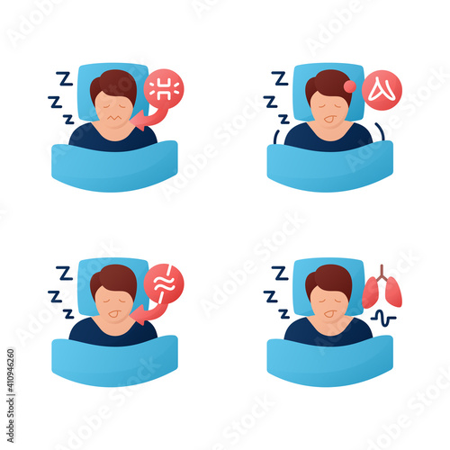  Sleep disorder color icons set. . Healthy sleeping concept. Symptoms and types disorders sleep. Falling asleep trouble. Stress. Health care. Color isolated vector collection 