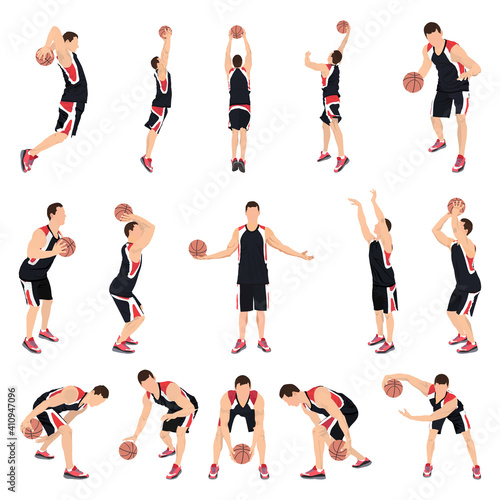 Basketball players, vector illustration. Crossover dribbling, bouncing, passing, shooting ball, free throw, slam dunk.