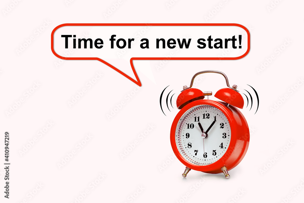 Red alarm clock and text - TIME FOR A NEW START Red alarm clock and text - TIME FOR A NEW START