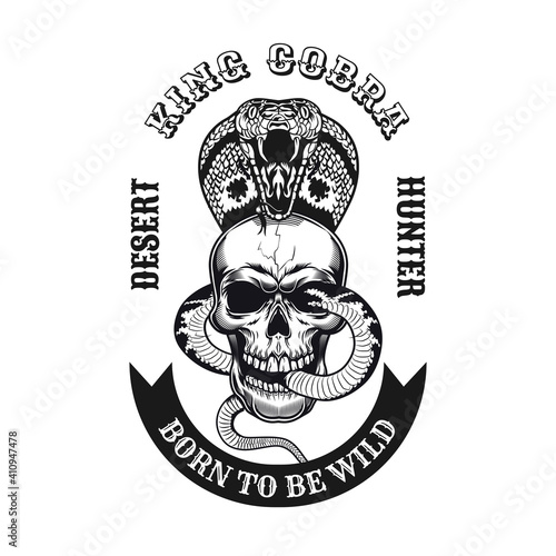 Trendy venomous king cobra in skull emblem. Monochrome design elements with human skull, snake and text. Gothic or horror concept for label, stamp, tattoo template
