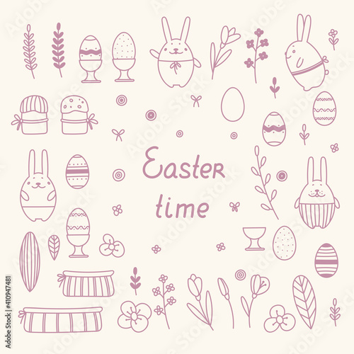Easter element set with Easter eggs, cakes, bunnies, flowers. Doodle style. 