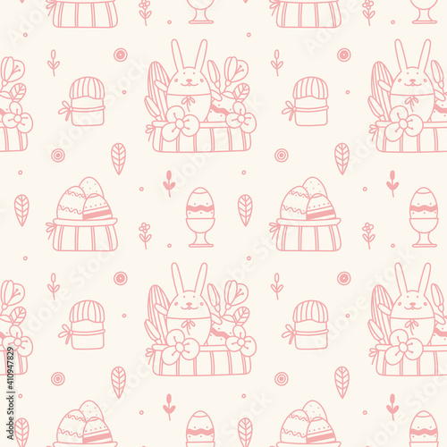 Easter seamless pattern with Easter eggs, bunnies, cakes on a light background. Doodle style. Suitable for Easter cards, wallpaper, paper, fabric, interior decor and others