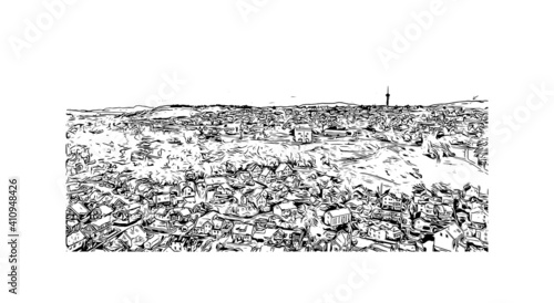 Building view with landmark of Trondheim is the
city in Norway. Hand drawn sketch illustration in vector.