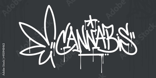 Abstract Graffiti Style Hand Written Word Cannabis With Cannabis Leaf Vector Illustration Art