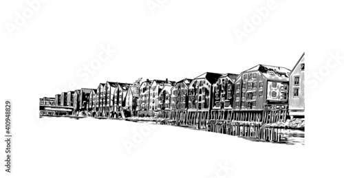 Building view with landmark of Trondheim is the
city in Norway. Hand drawn sketch illustration in vector.