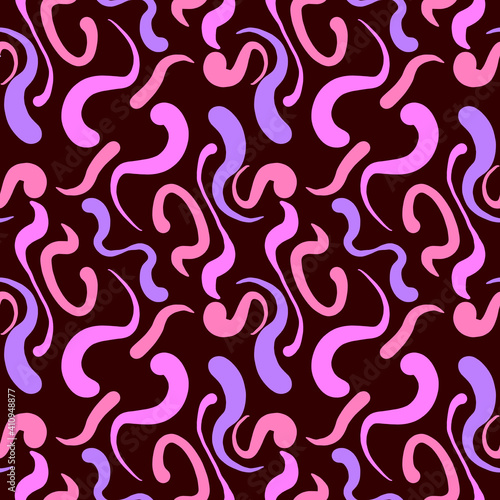 Seamless background with pink and purple ornament, geometric shapes, swirls and lines.
