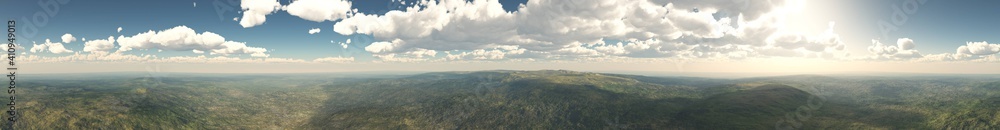 hills and sky, Panorama of the landscape of hills under a blue sky with clouds, banner, 3D rendering