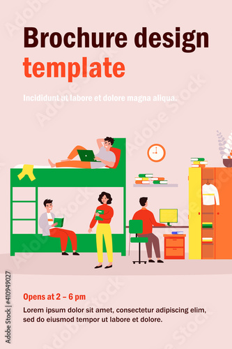 Dorm room for living, sleeping and studying in academic year flat vector illustration. Cartoon students in college hostel or alternative house. Architecture and accommodation concept