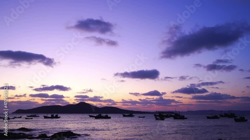 Wallpaper Mural Time-lapse, harbor at sunrise, dark clouds floating in the sky, boats on the sea Torontodigital.ca