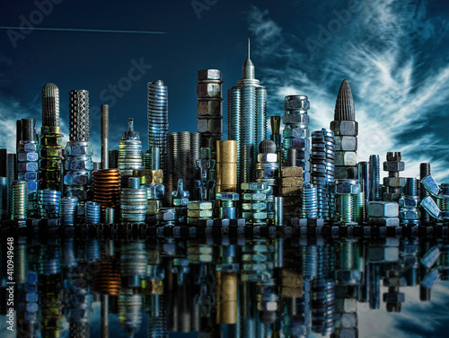 City skyline builded from screw and nuts  photo