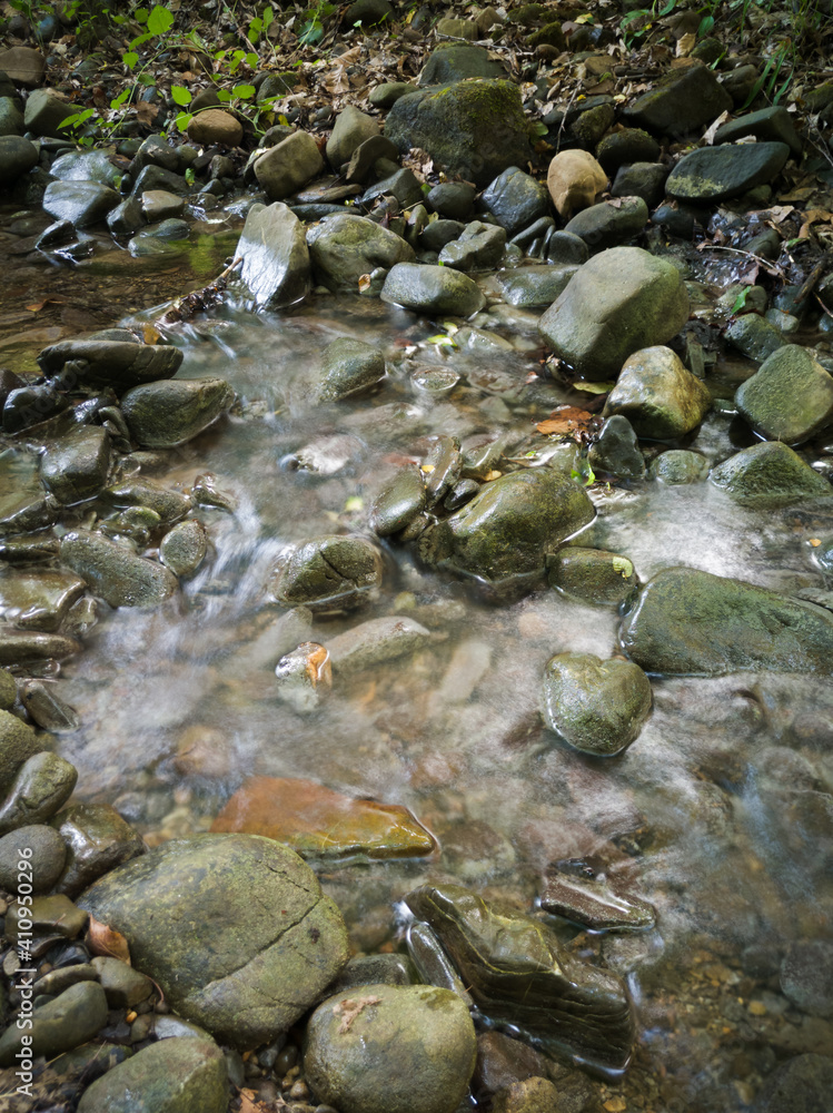 Intimate landscape detail of shallow mountain creek in forest, wet stones in river bed and abstract clear moving water, beautiful nature Intimate landscape detail of shallow mountain creek in forest, wet stones in river bed and abstract clear moving water, beautiful nature