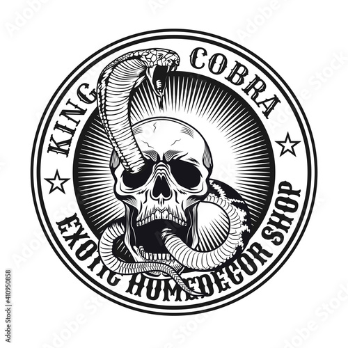 Monochrome aggressive king cobra in attack emblem. Vintage design elements with snake attacking from human skull and text. Gothic or horror concept for label, stamp, tattoo template